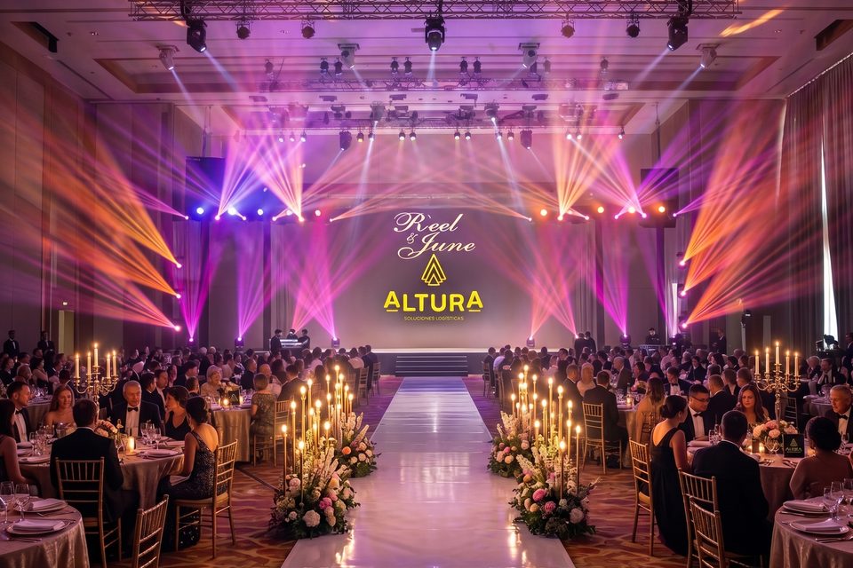 Salón de gala con luces robóticas cruzando haces de color sobre las mesas y la pantalla LED del fondo