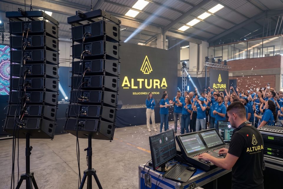 Dos torres de line array profesional frente a una pantalla LED con la marca Altura, y el técnico operando la consola