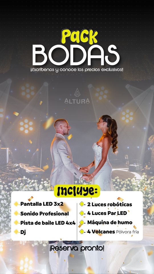 Pack Bodas de Altura: videowall LED 3×2, sonido profesional, pista de baile LED 4×4, DJ, 2 luces robóticas, 4 luces par LED, máquina de humo y 4 volcanes de pólvora fría